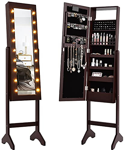 DREAMADE Schmuckschrank mit Ganzkörperspiegel & LED-Beleuchtung, Schmuckregal mit Verstellbarem Neigungswinkel, Spiegelschrank für Ohrringe, Halsketten, Kosmetika usw. (Braun)