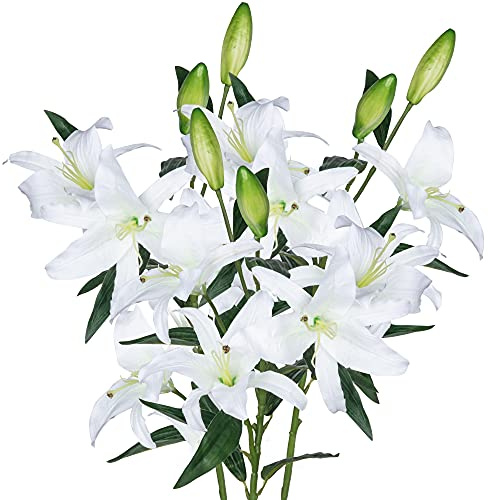 Lily Artificial Flowers Bulk 30” Long Stems 12 Silk Flower Heads Bouquet Wedding Decoration Indoor Home Decor DIY Floral Crafts Table Centerpiece Mothers Day Gift, 3pcs (White)