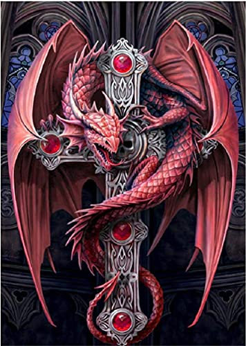Amiiba Malen nach Zahlen-Kits, roter Drache Edelstein Totenkopf Kreuz 40,6 x 50,8 cm Acryl Malen nach Zahlen Wandkunst Basteln (Drachen mit Rahmen)