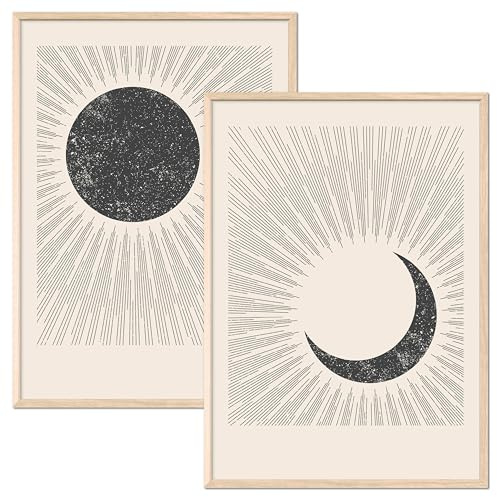 JUNOMI® Sonne & Mond 2er-Set DIN A2 Rahmen Natur | minimalistisch | Wanddeko fürs Schlafzimmer, Wohnzimmer und Flur, Sonne und Mond als Bilder-Set in Creme und Anthrazit