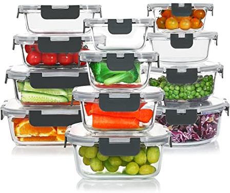 KOMUEE Recipientes de Cristal para Alimentos, 24 Piezas (12 Recipientes + 12 Tapas), Envases Herméticos de Vidrio para Comida, sin BPA, Apto para Microondas y Congelador,Gris