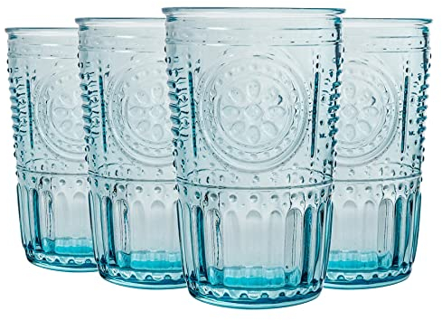 Bormioli Rocco Romantic Highball Glasses - Floral Decorated Boho Water Juice Cocktail Tumblers - 340ml - Blue - Pack of 8
