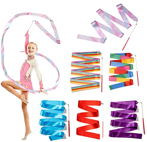 Suitedget 6-Teiliges Kinder Rhythmische Sportgymnastik Band Tanzbänder In Verträumten Farben, Tanzband Gymnastikband Mit Stab Geeignet Für Künstlerische Tanzgymnastik, Kindertanz, Talentshow
