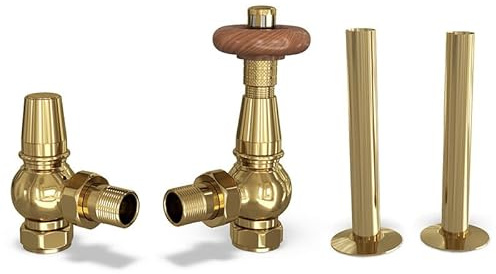 UK Radiators Polished Brass Thermostatic Radiator Valves and Angled Lockshield Valve - Polished Brass Finish - Traditional Design 1/2 x 15mm Angled Radiator Valves with 130mm Pipe Sleeves