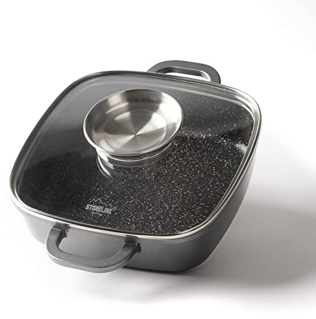 STONELINE Casseruola Quadrata 20 cm, Tegame 2 Manici Coperchio Salva-Aroma Alluminio Pressofuso, Rivestimento Antiaderente con Vere Particelle di Pietra, A Induzione Forno Tutti i Piani, Grigio