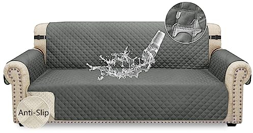 Granbest wasserdichte Sofabezug 3 Sitzer rutschfeste Couchbezug mit Elastischen Riemen, Waschbare Sofaschutz für Kinder, Haustiere, Hunde, Katzen (3-Sitzer, Grau)