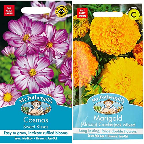 Mr Fothergill?s Seeds Ltd 17922 Flower Seeds, Cosmos Sweet Kisses, Pink & White & 24949 Flower Seeds, Marigold (African) Crackerjack Mixed