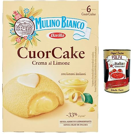 Mulino Bianco CuorCake Lot de 3 collations farcies à la crème au citron aux citrons italiens, sans huile de palme, 6 CuorCake + Italian Gourmet Polpa 400 g