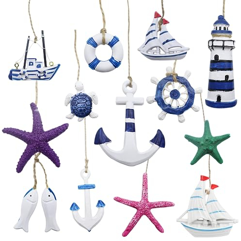 13 Stücke Maritime Anhänger Nautische Deko Maritimes Dekorationsset zum Aufhängen Anker Seestern Rettungsring Fisch Leuchtturm Steuerrad für Mini-Fischernetz Wanddekorationen Im Strand Küstenmotiv