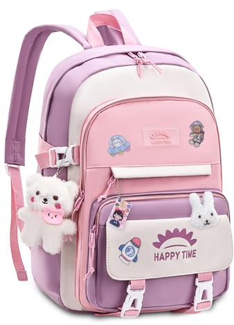 Tanou Schultasche Mädchen Rucksack Schule Teenager, 20 Liter Schulrucksack für Mädchen der 3. bis 7. Klasse, Leichter Wasserabweisender Nylon Kinder Schulranzen, Rosa