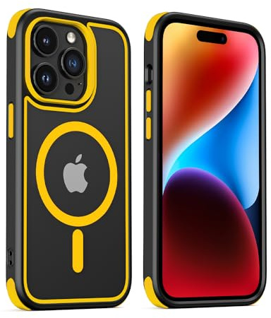 MobNano Magnetic Case For iPhone 14 Pro Max, [Support MagSafe Wireless Charging] Silicone Shockproof Bumper hard Transparent Outdoor Football Phone 14 Pro Max Cover - Black/Yellow