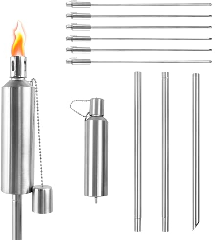 UISEBRT Set di 6 torce da giardino per esterni, in acciaio inox, antiruggine, 330 ml, ricaricabili, 115 cm di altezza