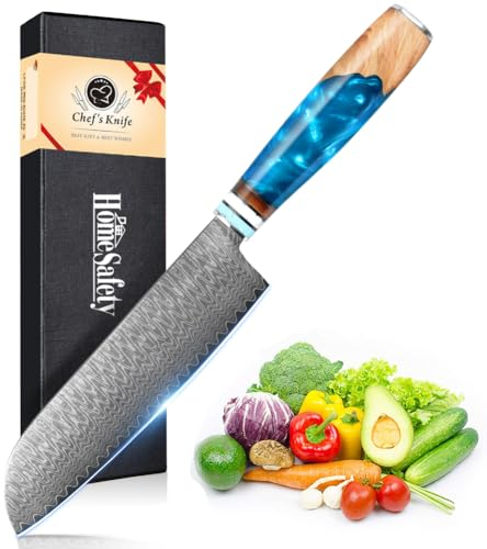 Damascus Santoku Knife, Professional 17.5 cm Sharp Chef's Knife, 67 Layers of Damascus Steel, Kitchen Knife with Ergonomic Blue Resin Handle for Home/Restaurant