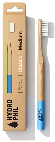 HYDROPHIL - Classic - Bambuszahnbürste Erwachsene - Nachwachsende Holzzahnbürste - 12er Pack - Natur/Blau (Medium, 12, stück)