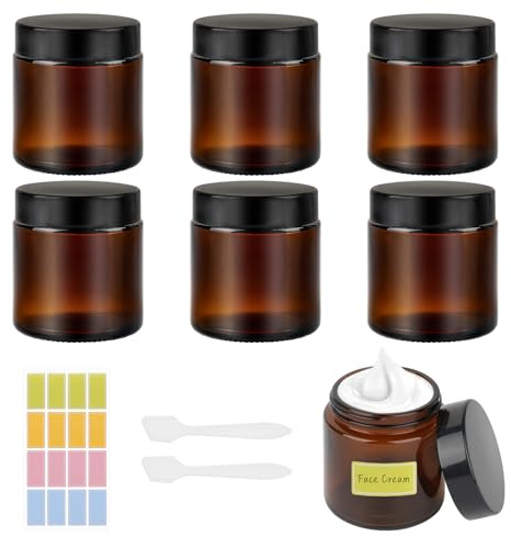 100ml Amber Glass Jars, Empty Cosmetic Pots with Lids,6 Pack | Travel Pots Includes Spatula and Labels For Toiletries, Face Cream Lotion Storage