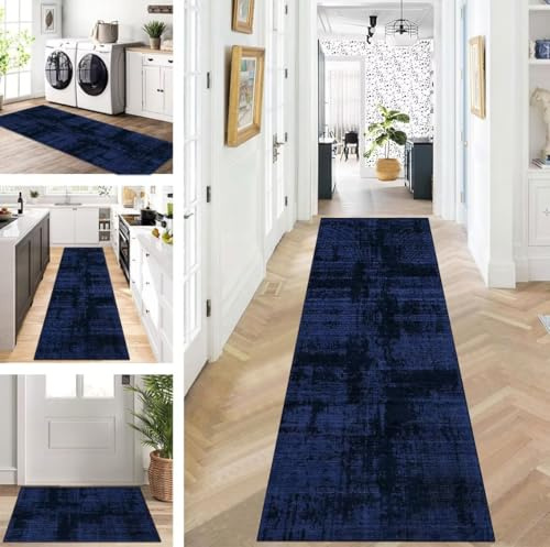 ZUZEKU Läufer Flur Küche Waschbar rutschfest 40X150cm Dunkelblau Lang Küchenteppich Flurteppich Teppich Fur Korridor Wohnzimmer Schlafzimmer Meterware Anpassbar