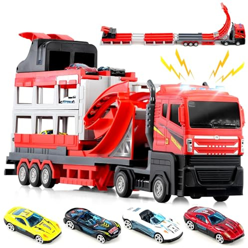 The Magic Toy Shop Transformable Catapult Truck Toy - Car Transporter With Toy Garage And Built In Competitive Car Track - Sounds, Lights and 4 Alloy Toy Cars For Kids Included