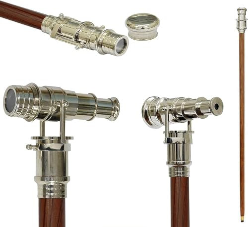Gehstock aus Messing, Vintage-Stil, viktorianischer Teleskopkopf, faltbar, Steampunk-Zubehör, Holzstock für Damen und Herren
