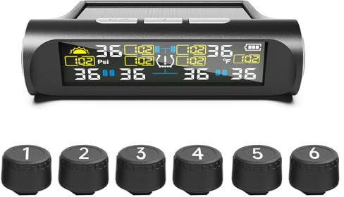 Shkalacar Reifendruckkontrollsystem, Reifendrucküberwachungssystem mit 6 externen Sensoren, Sicherheitsalarm, Echtzeitanzeige von Temperatur und Druck, 0–144 PSI solarbetriebener Reifendruckmonitor