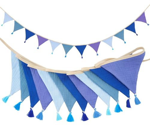 G2PLUS Banderines Infantiles de Tela Azul con Borlas, Cadena de Banderines de 2.8M como Decoración de la Habitación de los Niños