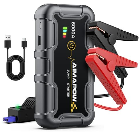 AIMAPOW Booster Batterie Voiture 6000A, Démarreur de Voiture 12V (Jusqu’à Tout Gas ou 10.0L Diesel), Booster de Batterie, Jump Starter Portable avec Pinces de Sûreté Intelligentes, Lampe LED (A20)