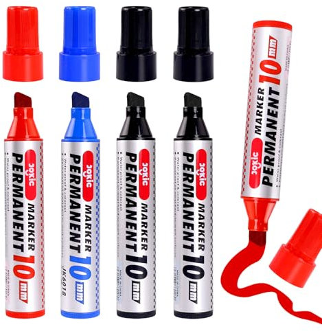 Taekooki 4 Pcs Acrylic Paint Markers, Permanent Marker Pens, 3-10 mm Wedge Tip Quick Drying Pens, Waterproof Permanent Marker for Plastic Wood Glass Doodling Stone Metal, 3 Colors