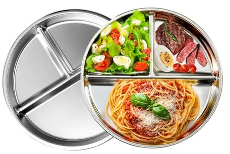CrazyTerra Geteilte Teller für Erwachsene (2 Packungen), 304 Edelstahl Portionskontrollplatte unterteilt mit Trennwänden, 22,9 cm Metall-Lebensmitteltrenner Speiseteller, leichtes Fach, BPA-frei