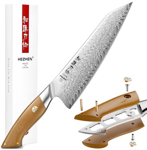 HEZHEN Cuchillo de Chef Damasco,Cuchillo de Cocina de Acero Damasco de 67 Capas, Full Tang Mango de Micarta de Lino