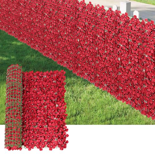 Artificial Floral Privacy Fence Screen, 300X50cm Faux Ivy Fence Covering Privacy Flower Grass Wall Backdrop for Outdoor Garden Patio Balcony (Red)