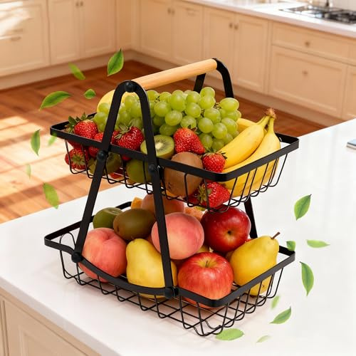 Yesaler 2 Stöckig Obstkorb Etagere Abnehmbar Obst Etagere 2 Stöckig Starke Tragfähigkeit Obstschale Etagere mit Holzgriff Metall für Brot Gemüse Snacks Schwarz