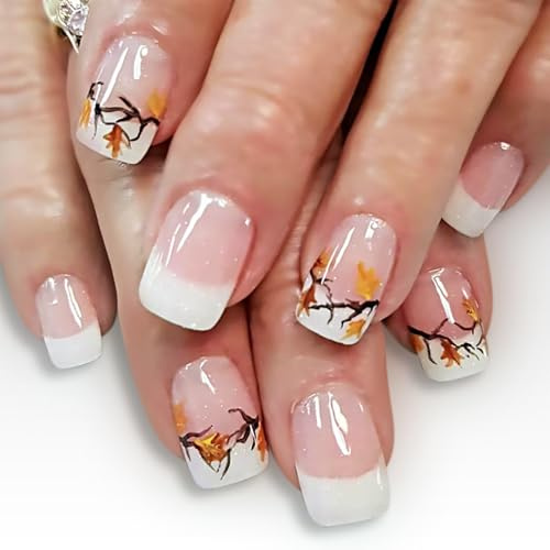 Nymora 24 Stück Herbst Press On Nails, Falsche Nägel Extra Kurz, Künstliche Fake Nägel Mit Sarg-French & Ahornblatt Design, Winter Fake Nails Mit Gelfolien Kit