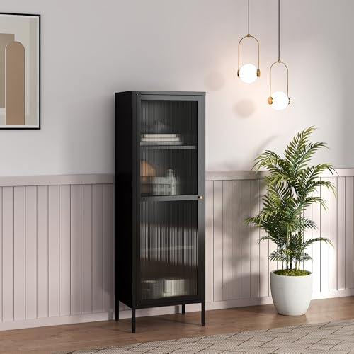 [en.casa] Vitrinenschrank Säkylä 150x50x35 cm mit 1 Tür Schwarz | Bücherschrank, 4 Ablagen, Küchenschrank, geriffeltes Glas, Mehrzweckschrank, Vitrine, Metall, für Wohnzimmer, Esszimmer