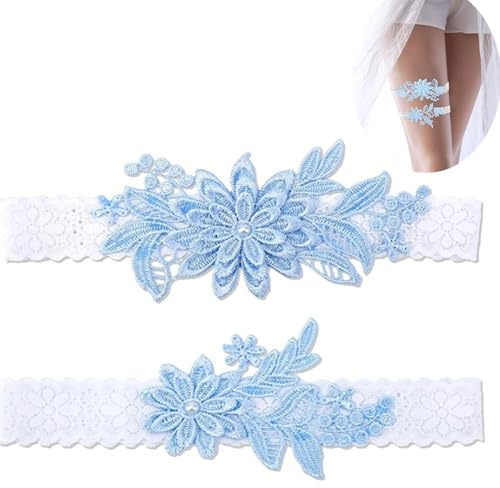 ZHAOYCSH 2-Piece Bridal Wedding Garter Set, Elegant Lace Elastic Garters with Rhinestone Decoration, Bride to Be Gift, Luxury Wedding Underwear Accessories for Women for Something Blue Tradition