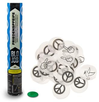 AKTIVHANDEL 5 Stück Konfettikanone Friedenspfeife 30cm, weißes Konfetti mit Friedenssymbolen, Party Popper für Demo, Festival und Mottopartys, inkl. Einkaufswagenchip