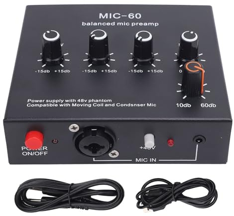 Culnflun Preamplificatore microfono bilanciato Amplificatore sonoro ad alta qualità con uscita XLR FETMUNG PHANTOMS 48 V per registrazioni in studio e flusso in diretta Black Compa