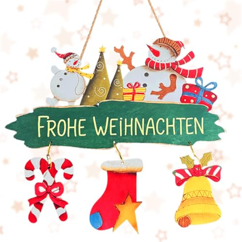 PIujsym Weihnachtsdeko Tür Hängeschild Frohe Weihnachten aus Holz, Türdeko Weihnachten mit Schneemann Geschenk Bäumen und Anhängern, Weihnachtsdeko für Tür, Christmas Decorations für Zuhause