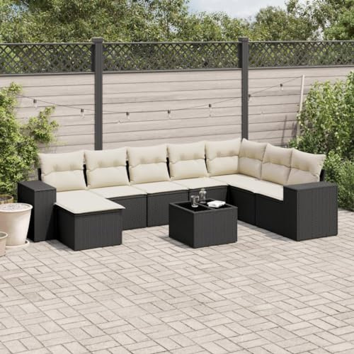 QJBSAVVA Set di 9 mobili da giardino Lounge nero polyrattan divano angolare 62 x 62 x 69 cm con tavolo in vetro tappezzeria sala da giardino per balcone terrazza