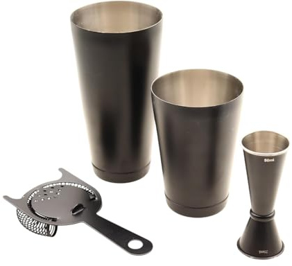 Kit Cóctel Negro Mate 4 Piezas, Set de Bar Incluyendo Un Boston Coctelera Doble Timbal 18/28oz, Un Colador de Cóctel Hawthorne, Dosificador de Cóctel 25/50ml Accesorios de Mixología
