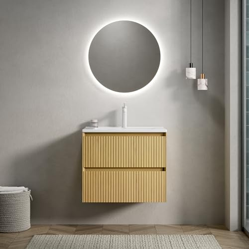 HaoChrymec 61cm Wandmontierter Badezimmer-Waschtisch mit Weißem Rechteckigem Keramik-Unterbauwaschbecken, Gestreifter Sperrholz Schrank mit 2 Schubladen, Vormontiert, Collora Holzmaserung Farbe