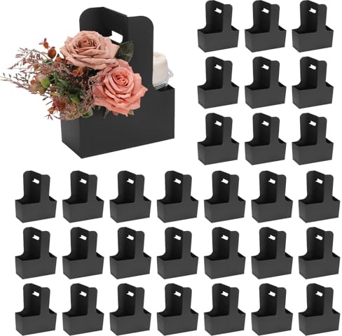 QUARKZMAN 2 Portavasos Con Asa 60 Bolsas De Regalo De Papel Kraft Cajas De Embalaje Floral Portavasos De Cartón Portátil Para Café Té Ramo Fiesta De Cumpleaños Negro