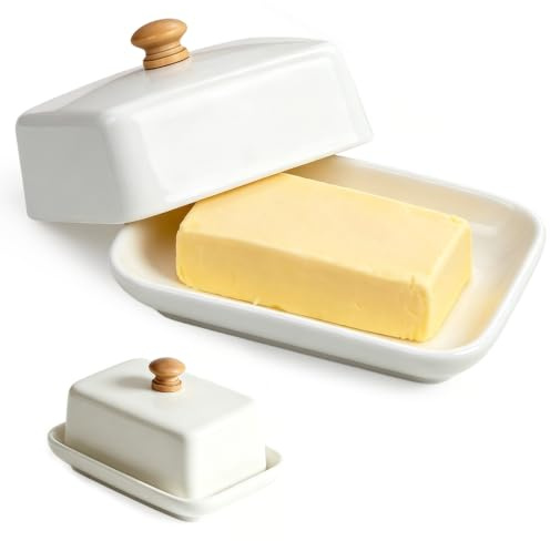 Mantequera de cerámica, con tapa, mantequera de porcelana, campana para mantequilla de 250 g, apta para lavavajillas, para el hogar y la cocina, color blanco