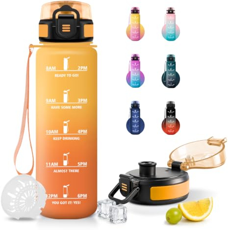 JAPORIA Sportflasche 1L, Kohlensäure Geeignet, Trinkflasche mit Filte, Auslaufsicher, Wasserflasche mit Zeitmarkierung,für Fitness, Wandern, Yoga