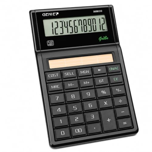 GENIE 305 ECO Tischrechner Solar – 12-stelliger Taschenrechner ohne Batterie – Blauer Engel, über 70% recyceltes Material – Bürorechner mit großem Display & Margenberechnung – Schwarz