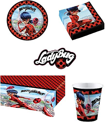 Ladybug Kit Anniversaire Miraculous Complet 16 Enfants (16 Assiettes, 16 gobelets, 20 Serviettes, 1 Nappe + 10 bougies magiques) fête