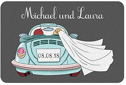 Fußmatte Personalisiert Hochzeit | 60 x 40 cm Fussmatte | Hochzeitsgeschenke für das Brautpaar | Schmutzfangmatte drinnen & draußen | Kreatives Geschenk für frisch Vermählte | Motiv Auto
