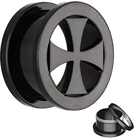 Treuheld® | 10mm Ohr Flesh Tunnel | Eisernes Kreuz/Iron Cross/Ritterkreuz | Schwarz | Chirurgenstahl | Gewinde - Schraubverschluss zum Schrauben