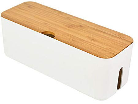 Scatola per La Gestione Cavi Multipresa con Coperchio in Legno - Organizer Custodia per Presa (Bianco)