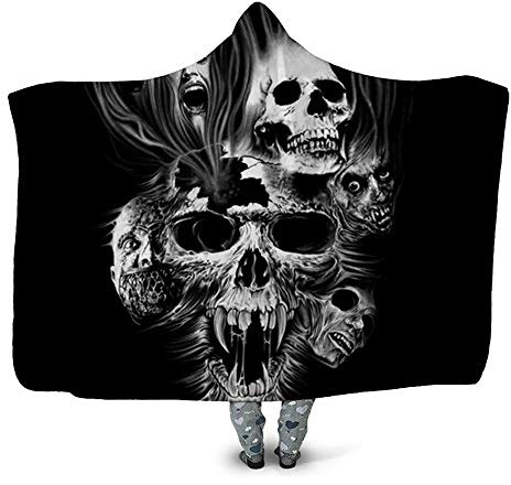 BEPM Kapuzendecke Decke Mit Kapuze Decke Mit Ärmel Schädel Kapuzendecke Schwarz Dark Sherpa Fleece Tragbare Überwurfdecke Erwachsene Kinderbettwäsche-150X200Cm