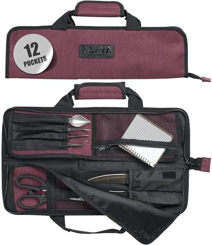Asaya - Bolsa enrollable para cuchillos de chef - 12 bolsillos para cuchillos y utensilios de cocina, nailon ligero, duradero y resistente a las manchas, perfecto para el chef de viaje, cuchillos no,