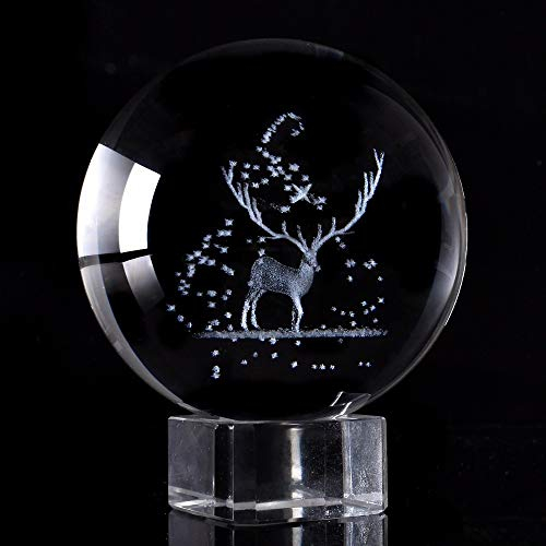 caihuashopping Fotokugel 3,15 Zoll 3D elk kristall Kugel Laser graviert Tier Glas kugelkugel Miniatur Modell wohnkultur Geschenk Ornament Glaskugel Fotografie (Color : with Crystal Base, Size : 80mm)